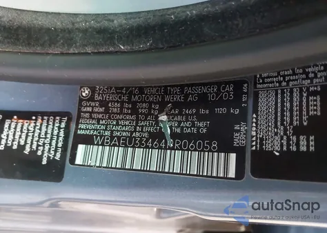 2004 BMW 325Xi z USA, uszkodzony, nr VIN WBAEU33464PR06058